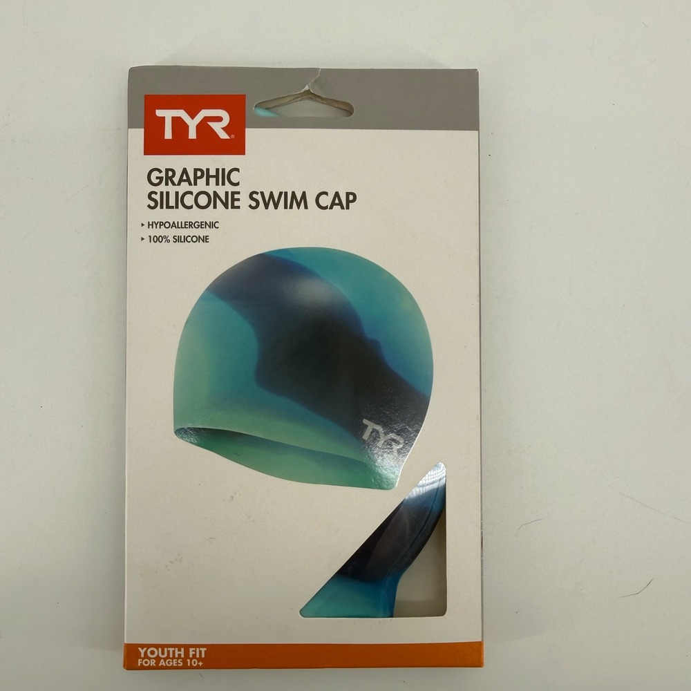 TYR Graphic Silicone Swim Cap Youth Fit Ages 10+ Blue‎ Teal Tie Dye LCSJRTD